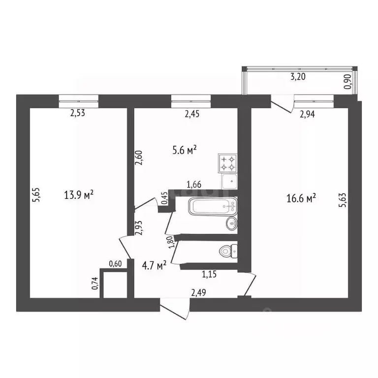 2-к кв. Амурская область, Благовещенск Институтская ул., 16 (44.4 м) - Фото 1
