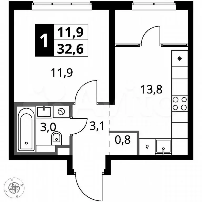 1-к. квартира, 32,6 м, 2/17 эт. - Фото 0