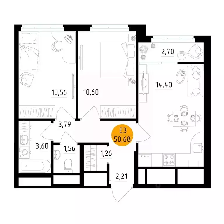 2-к кв. Рязанская область, Рязань ул. Земнухова (50.68 м) - Фото 1