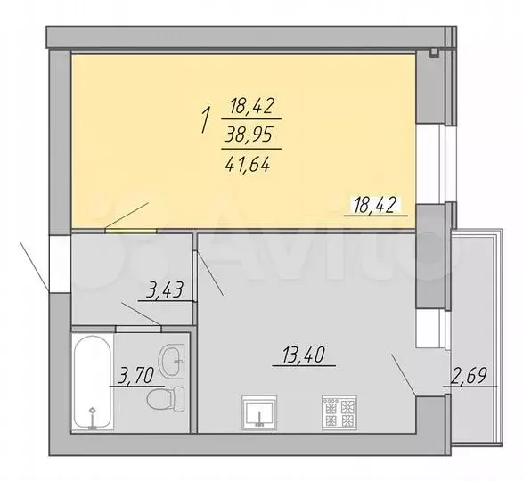 1-к. квартира, 41,6м, 6/9эт. - Фото 0