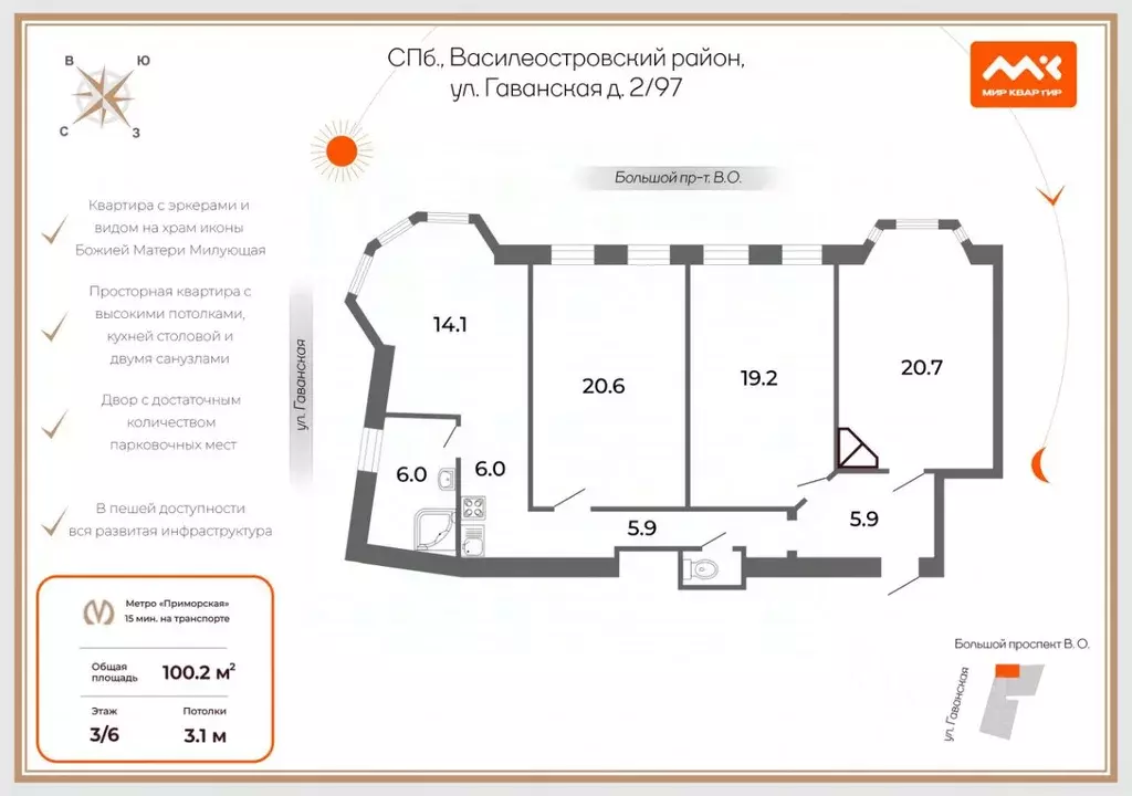 4-к кв. Санкт-Петербург Гаванская ул., 2 (100.2 м) - Фото 2