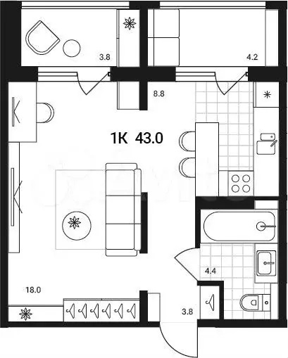 1-к. квартира, 43 м, 2/15 эт. - Фото 0