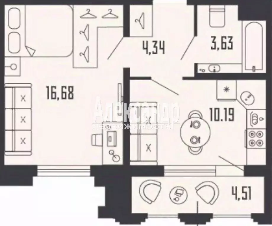 Квартира, 1 комната, 36.94 м - Фото 1