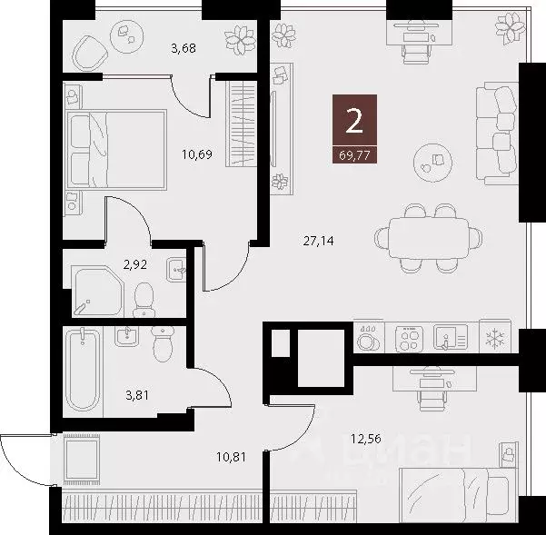 2-к кв. Рязанская область, Рязань ул. Бирюзова, 20с1 (69.77 м) - Фото 1