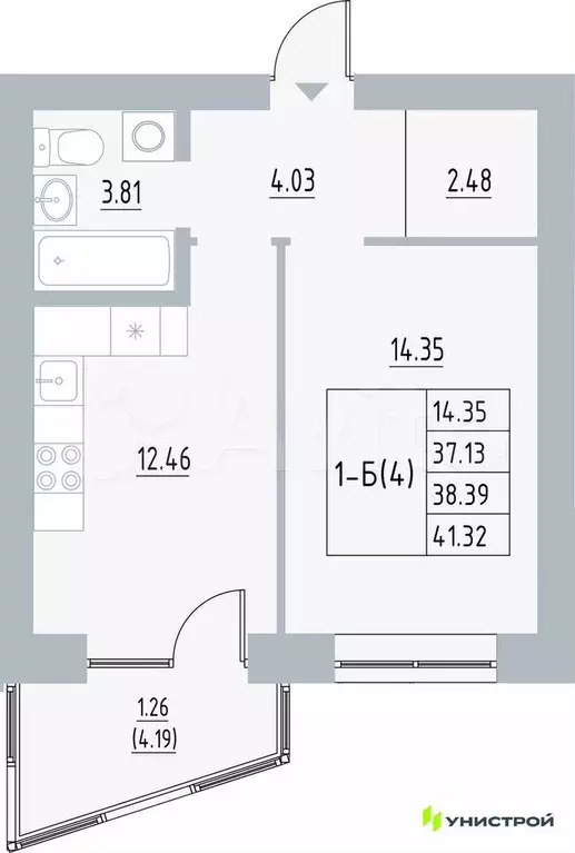 1-к. квартира, 38,4 м, 4/5 эт. - Фото 0