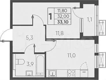 1-к. квартира, 33,1 м, 9/15 эт. - Фото 1