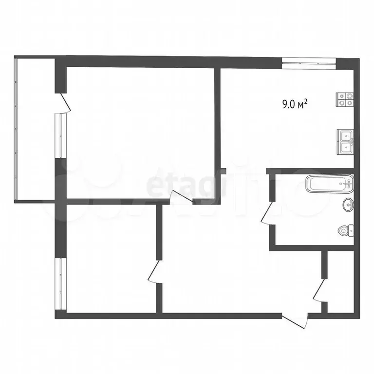 2-к. квартира, 39,9 м, 8/9 эт. - Фото 0