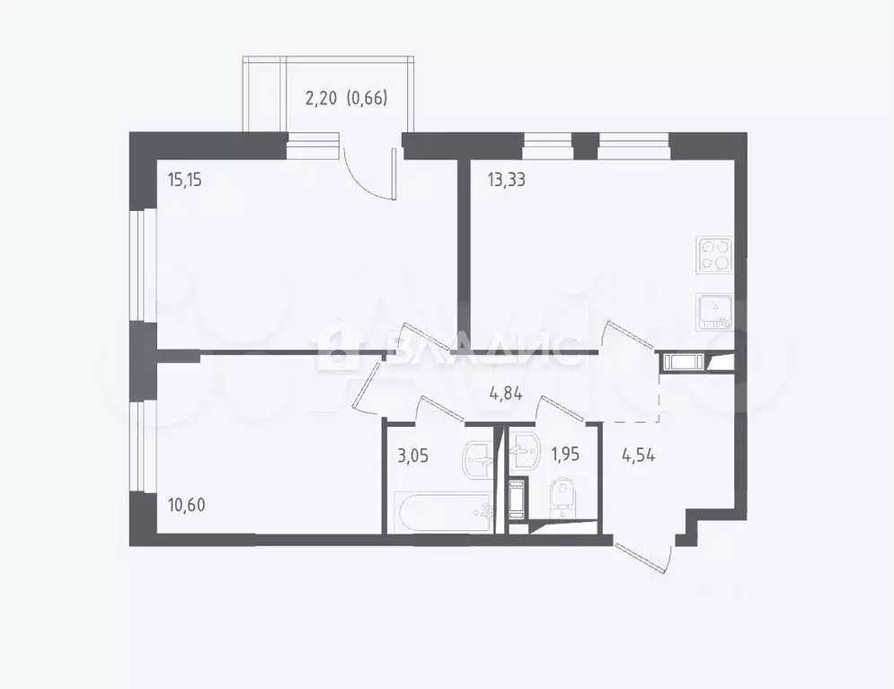 2-к. квартира, 54,1 м, 4/12 эт. - Фото 1