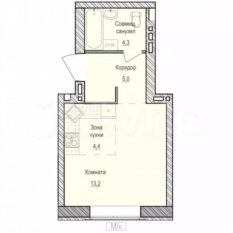 Квартира-студия, 26,9м, 1/6эт. - Фото 0