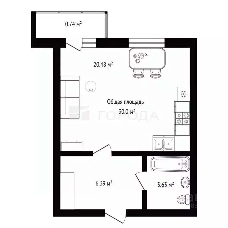 Студия Новосибирская область, Новосибирск ул. Есенина, 67 (30.0 м) - Фото 2