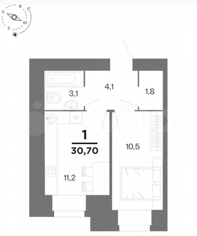 1-к. квартира, 30,7 м, 10/15 эт. - Фото 1