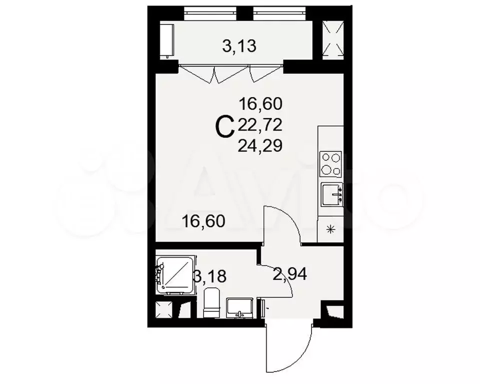 Квартира-студия, 24,3 м, 4/16 эт. - Фото 0