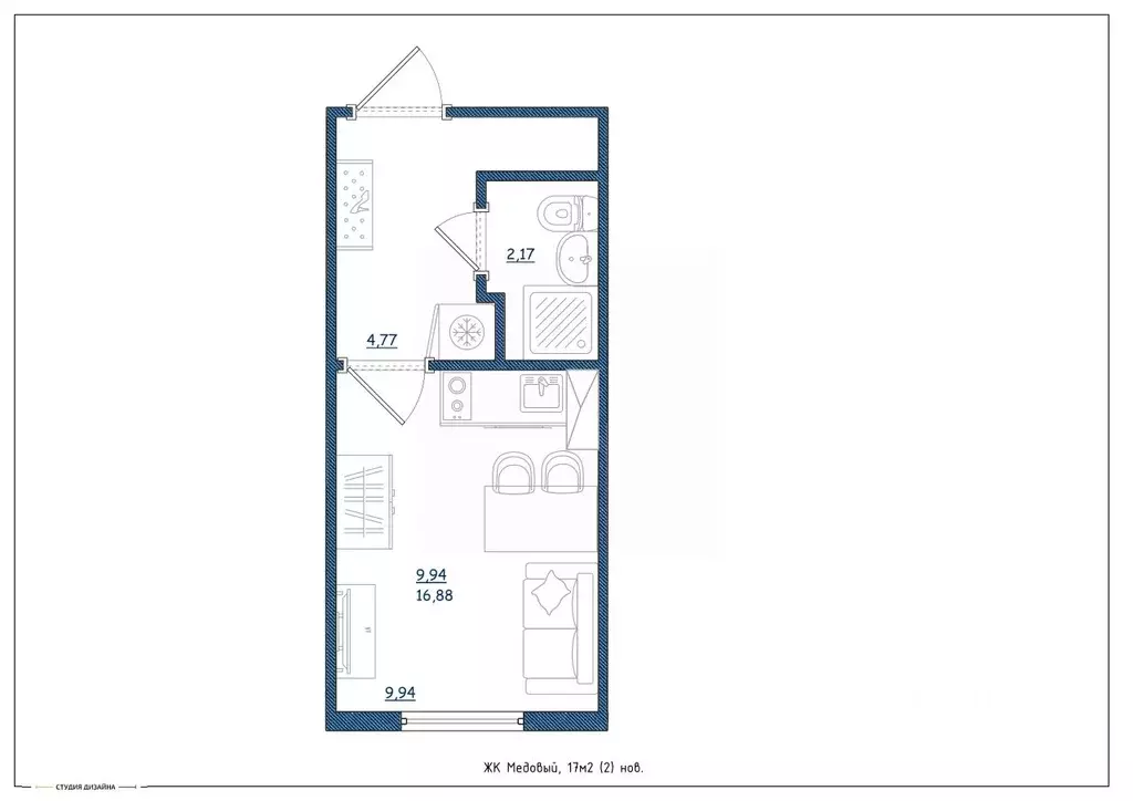 Студия Тверская область, Тверь ул. Медовая, 9к4 (17.0 м) - Фото 2