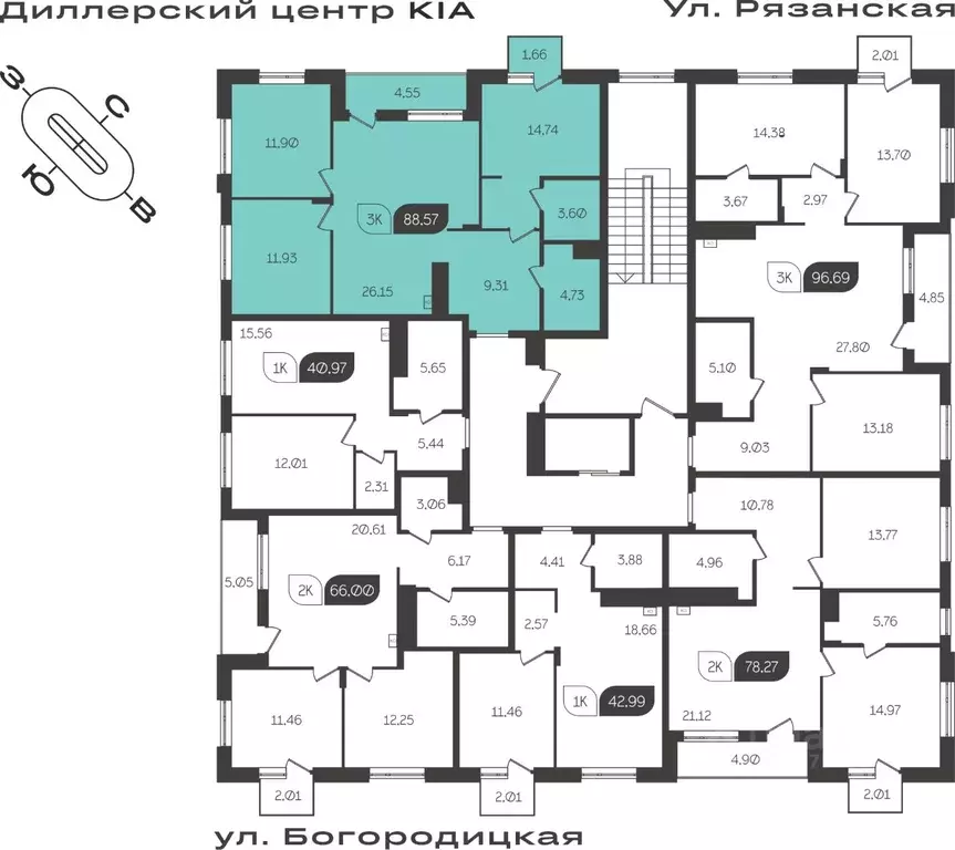 3-к кв. Тульская область, Тула Рязанка Грин жилой комплекс (88.57 м) - Фото 1