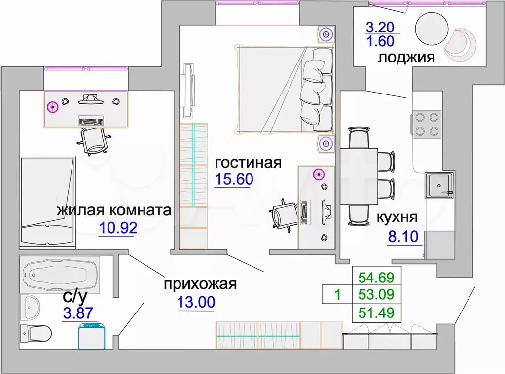 2-к. квартира, 53,6 м, 1/9 эт. - Фото 1