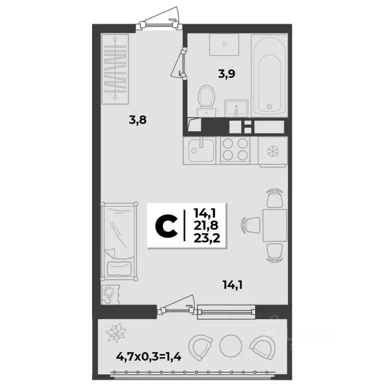 Студия Краснодарский край, Краснодар  (23.2 м) - Фото 1