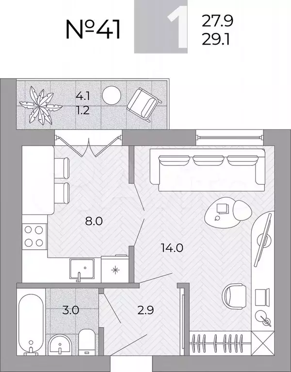 1-к. квартира, 29,1 м, 2/4 эт. - Фото 0