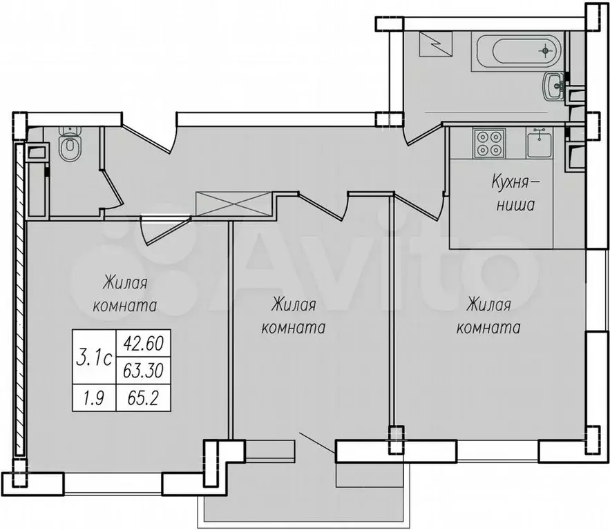 3-к. квартира, 65,2м, 9/10эт. - Фото 1