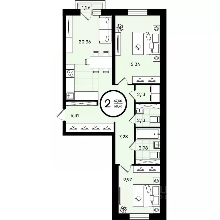 2-к кв. Тюменская область, Тюмень ул. Александра Звягина, 2 (68.76 м) - Фото 1