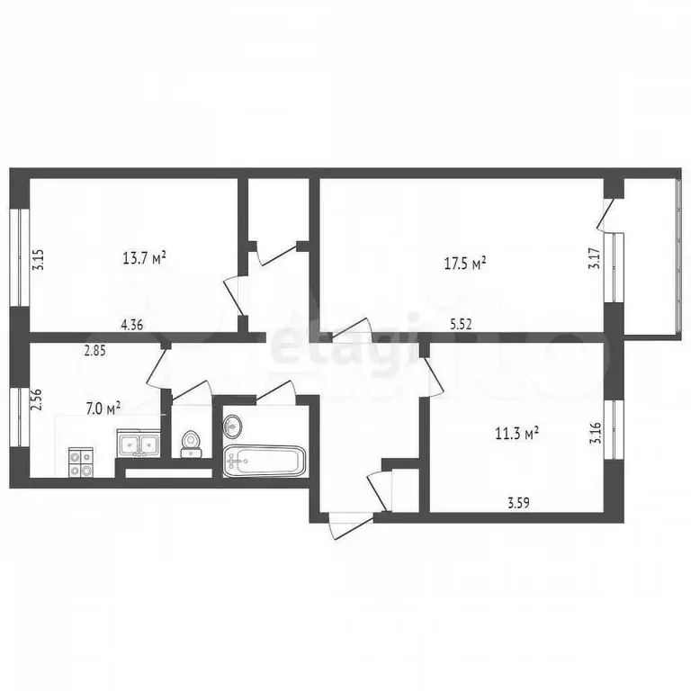 3-к. квартира, 64,9 м, 3/5 эт. - Фото 0