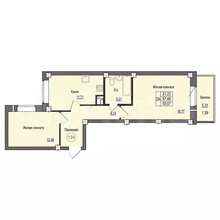 2-к. квартира, 59,1 м, 9/9 эт. - Фото 0