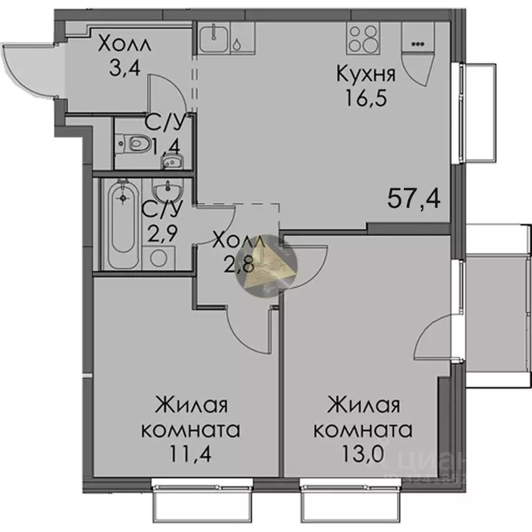 2-к кв. Санкт-Петербург Лиговский просп., 242 (57.4 м) - Фото 2