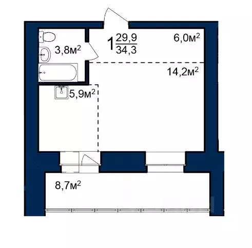 Студия Амурская область, Благовещенск 224-й кв-л,  (34.3 м) - Фото 0