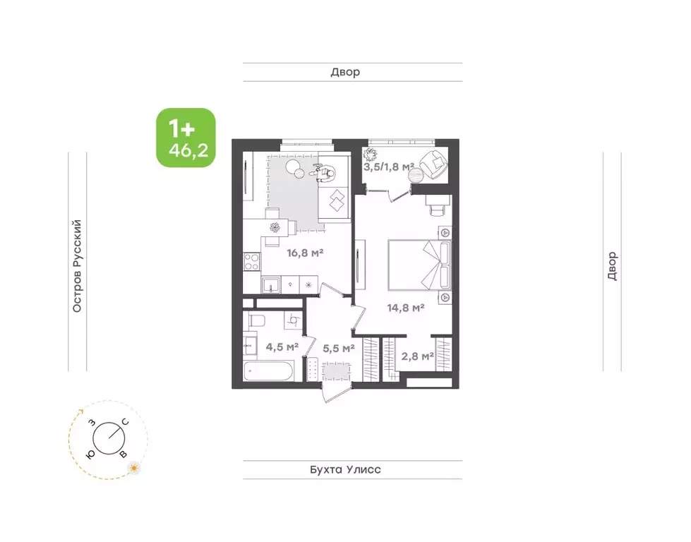 2-к кв. Приморский край, Владивосток ул. 3-я Поселковая, 16/3 (46.2 м) - Фото 1