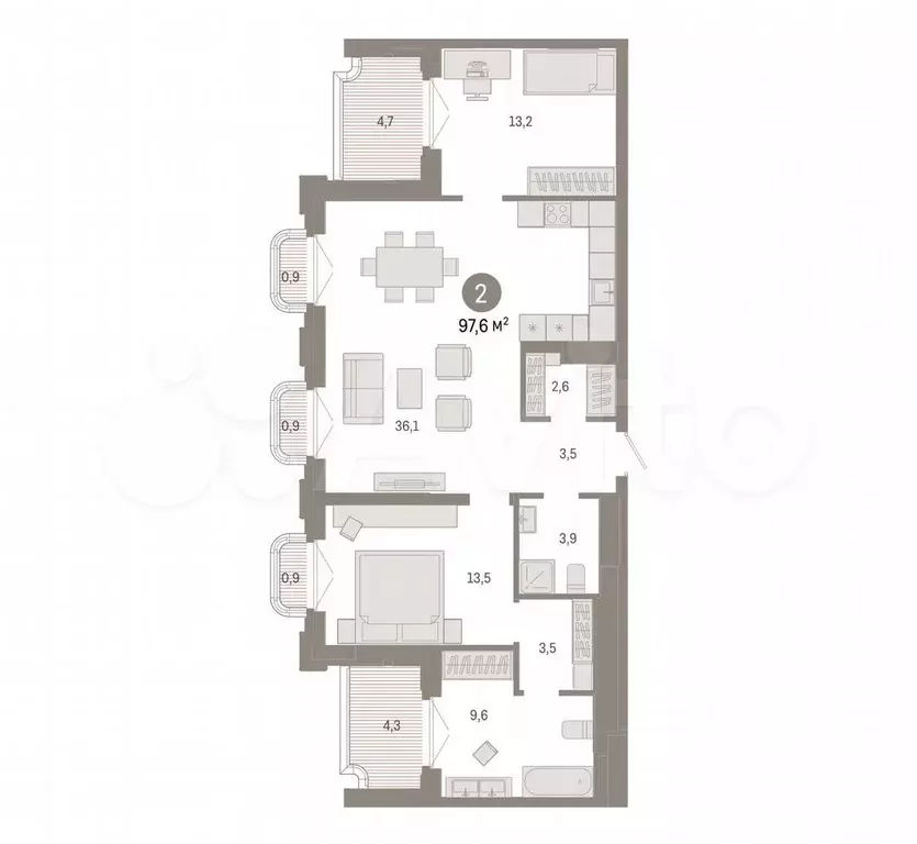 3-к. квартира, 97,6 м, 5/9 эт. - Фото 0