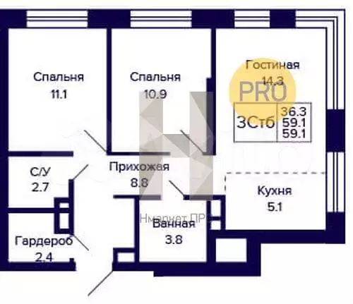 2-к. квартира, 59,1м, 14/23эт. - Фото 1