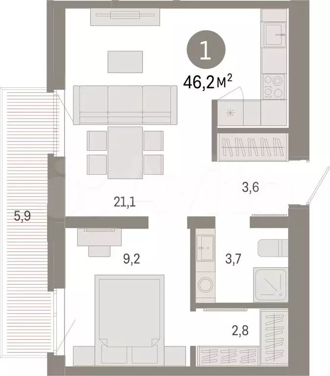 1-к. квартира, 46,2 м, 6/25 эт. - Фото 1