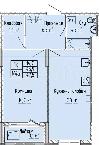 1-к. квартира, 47,5 м, 9/10 эт. - Фото 0
