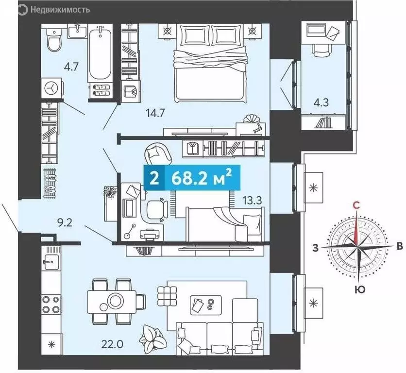 2-комнатная квартира: Засечное, Прибрежный бульвар, 5 (68.2 м) - Фото 1