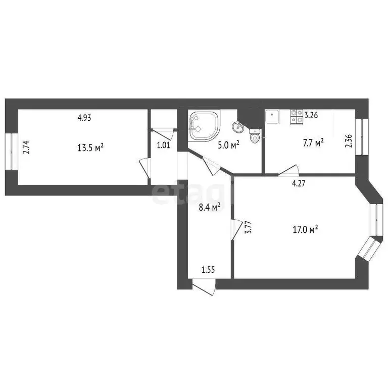 Квартира, 2 комнаты, 52.5 м - Фото 0