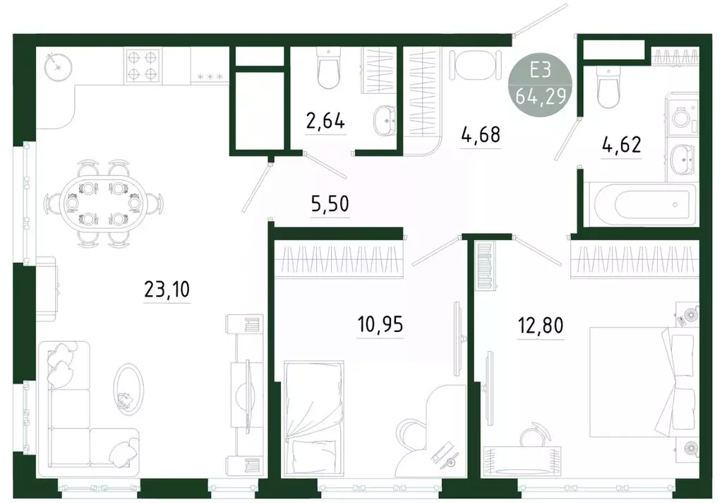2-к кв. Тульская область, Тула Платон Парк жилой комплекс (64.29 м) - Фото 1