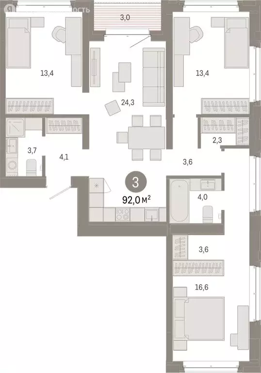 3-комнатная квартира: Тюмень, жилой комплекс На Минской (91.99 м) - Фото 1