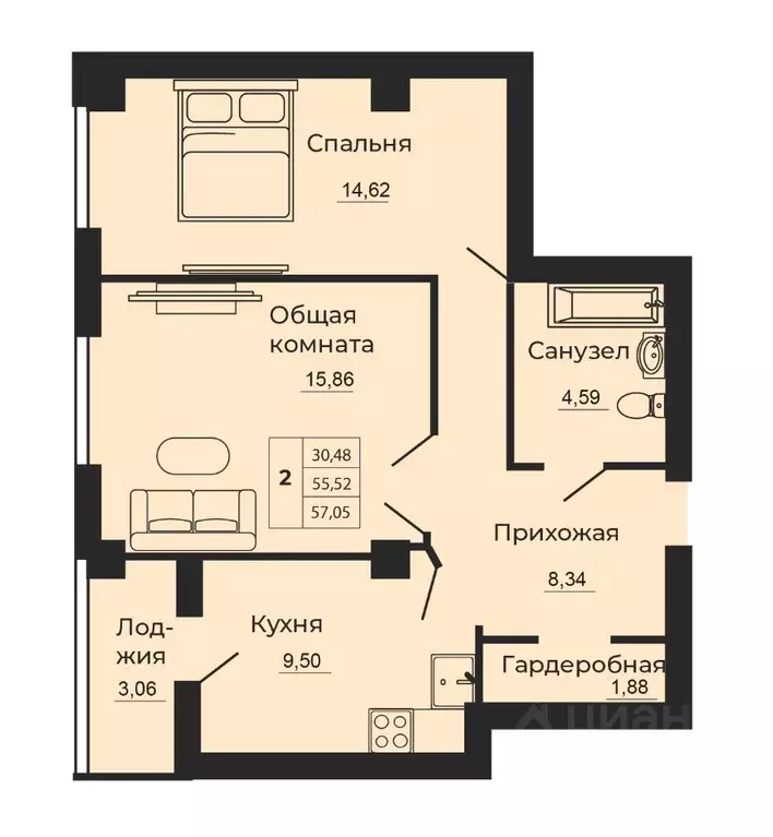 2-к кв. Ростовская область, Батайск  (57.05 м) - Фото 0