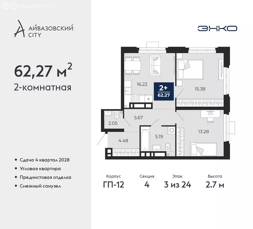 2-комнатная квартира: Тюмень, ЖК Айвазовский Сити (62.27 м) - Фото 1