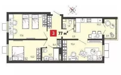 Квартира, 3 комнаты, 77 м - Фото 1