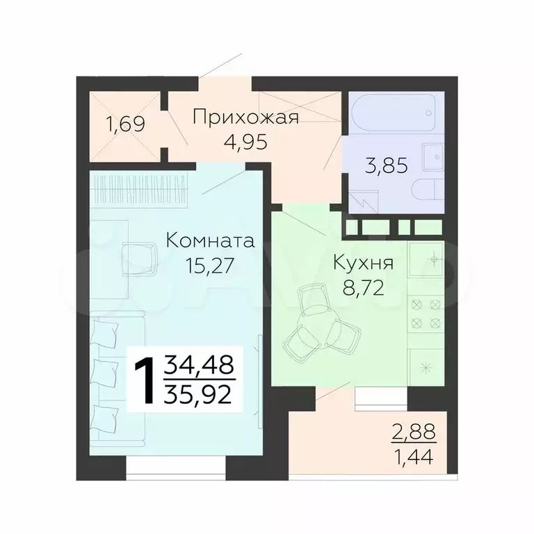 1-к. квартира, 35,9 м, 8/18 эт. - Фото 0