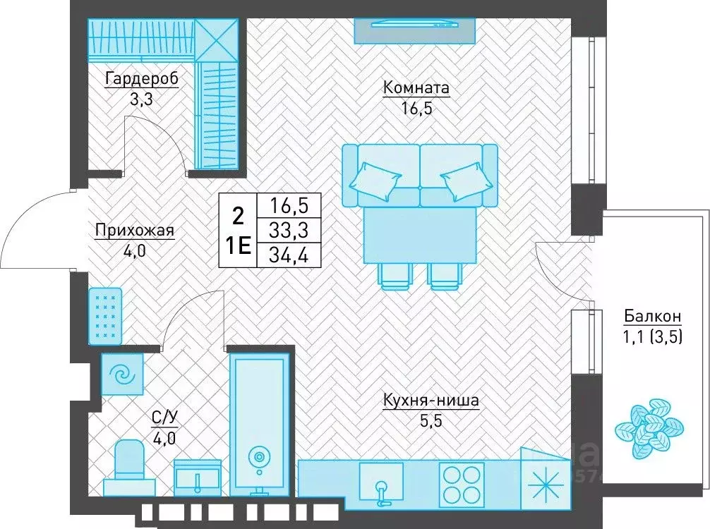 Студия Пермский край, Пермь ул. Архитектора Свиязева, 48А (34.4 м) - Фото 0