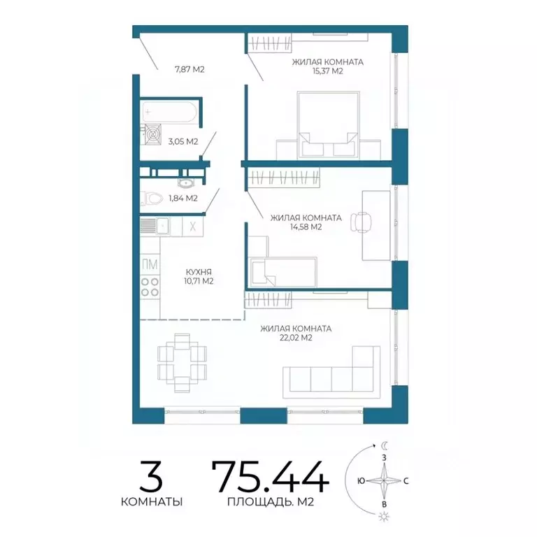 3-к кв. Пензенская область, Пенза Чаадаев жилой комплекс (75.44 м) - Фото 1