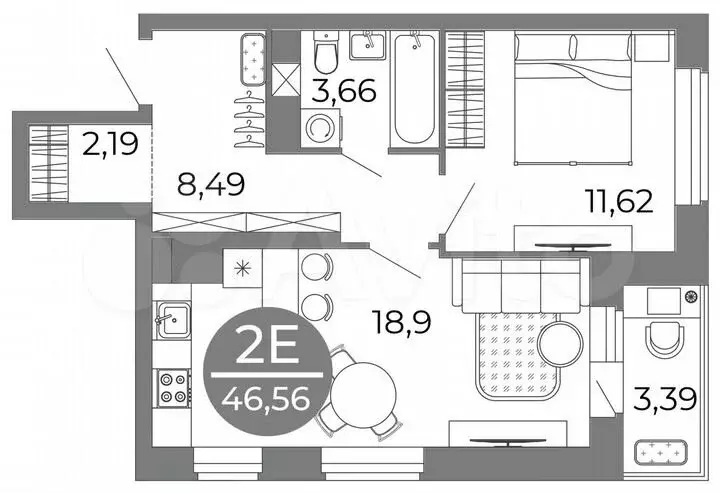 2-к. квартира, 46,6м, 5/25эт. - Фото 1