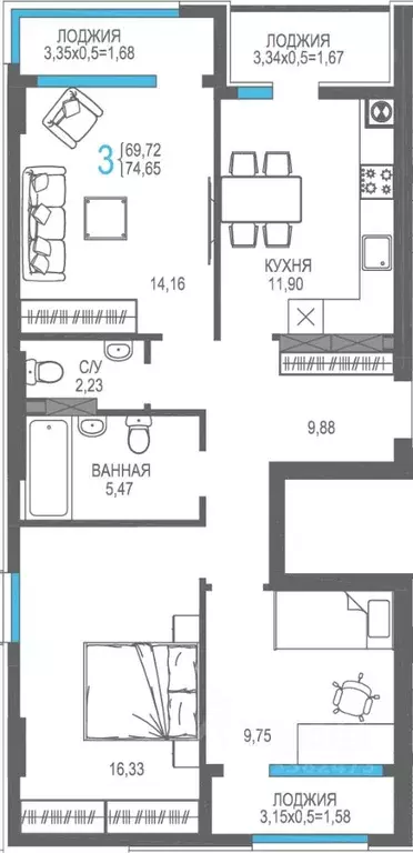 3-к кв. Крым, Алушта На Фонтанке жилой комплекс (79.03 м) - Фото 0
