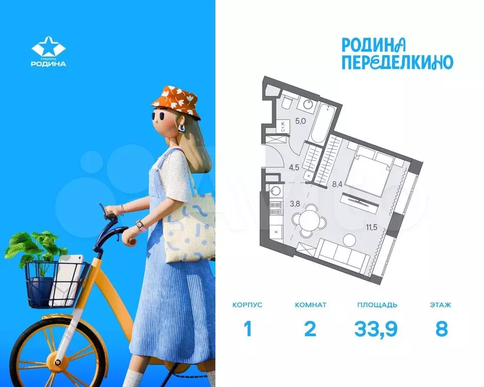2-к. квартира, 33,9 м, 8/31 эт. - Фото 0