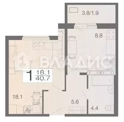1-к. квартира, 41 м, 3/16 эт. - Фото 0