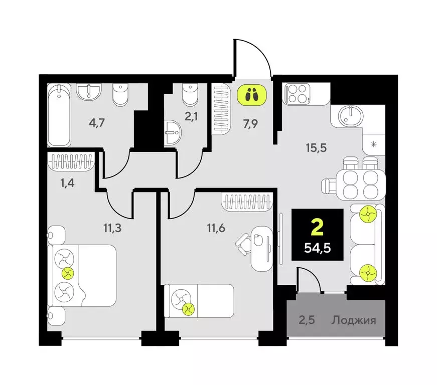 2-комнатная квартира: Тюмень, улица Пожарных и Спасателей, 16 (54.5 м) - Фото 1