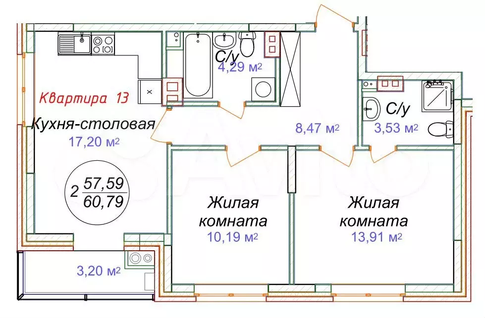 2-к. квартира, 60,8 м, 3/5 эт. - Фото 0