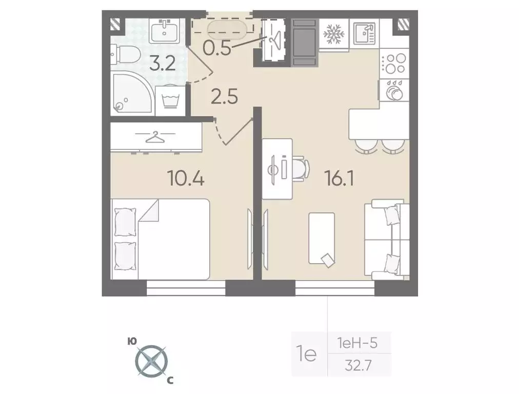 1-к квартира, 32.7 м - Фото 0