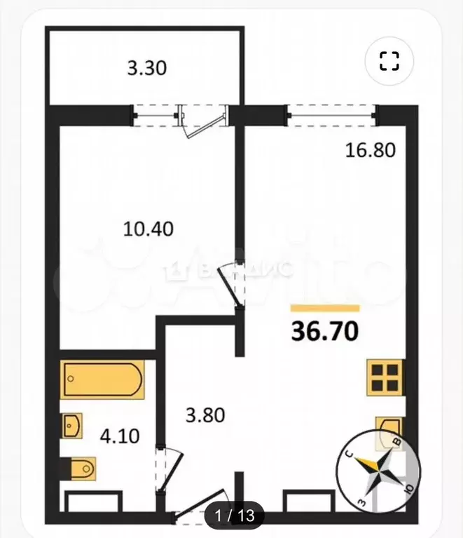 1-к. квартира, 36,7 м, 2/5 эт. - Фото 0
